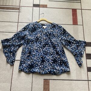 Belle by Kim Gravel Navy Floral Women's Blouse with Flounce Sleeves
